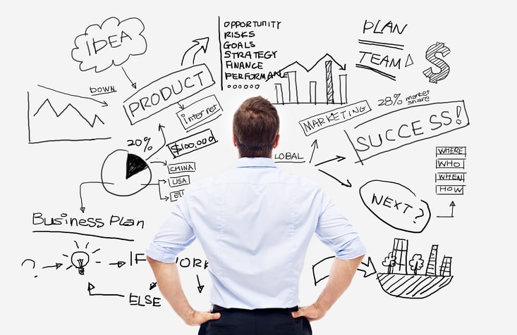 An image showing a man in front of a whiteboard planning business activities.